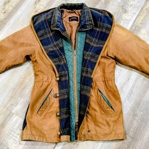 G4000 Brown Leather Ladies Jacket With A Plaid Liner And Green Accents